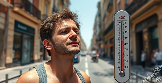 Una imagen de una persona sudando en una calle soleada de Madrid, con un termómetro mostrando 40ºC