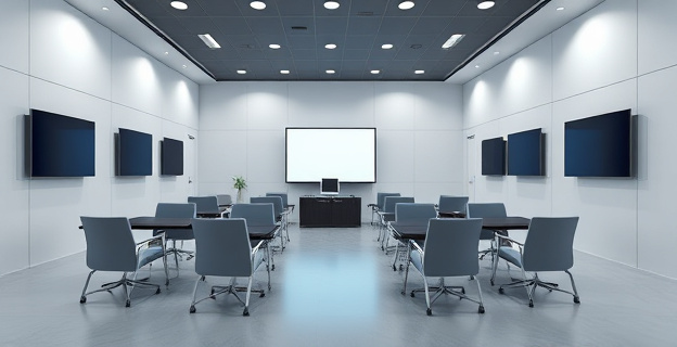 Una escena de una sala de reuniones vacía con pantallas de ordenador apagadas y sillas vacías, simbolizando la pérdida de datos y la ausencia de registros.