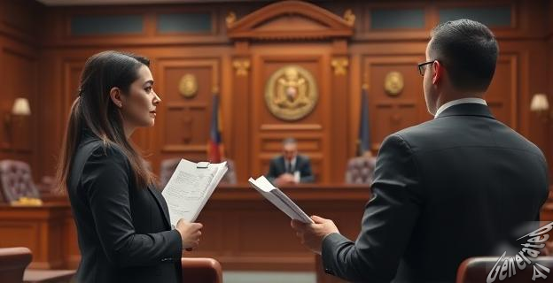 Una fiscal en una audiencia nacional con documentos en mano, enfrentándose a su compañera y al juez.