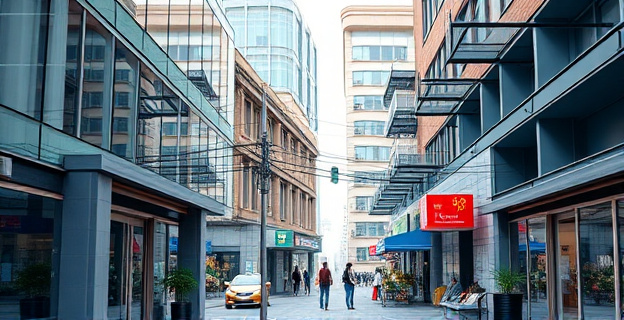 Una imagen que contraste la serenidad de un entorno de oficinas públicas con la agitación de una calle comercial llena de pequeños negocios y autónomos, reflejando la disparidad entre el crecimiento del empleo público y el estancamiento del trabajo autónomo.
