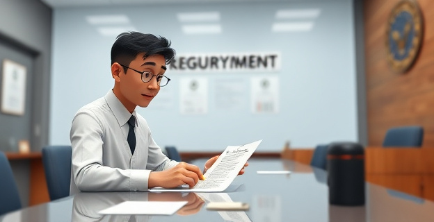 Una escena que muestra a un inmigrante firmando un documento oficial en una oficina gubernamental, con un fondo que sugiere un proceso de integración o regularización.