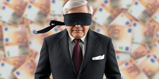 Una imagen de un político con una venda en los ojos y un agujero contable en su bolsillo, con un fondo de billetes de 500 euros