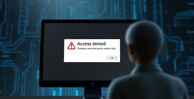 Una pantalla de ordenador mostrando un mensaje de error de acceso con un código de referencia, en un fondo con tonos de gris y azul que representan la burocracia y la tecnología. En primer plano, una figura borrosa intentando acceder a la información.