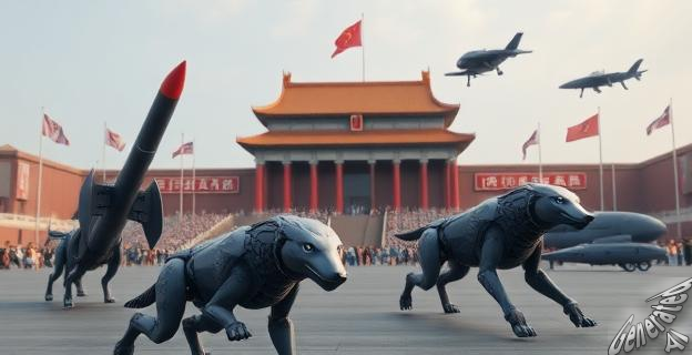 Imagen de misiles intercontinentales y lobos robot en la Plaza de Tiananmén durante un desfile militar, con drones furtivos y submarinos autónomos en el fondo.
