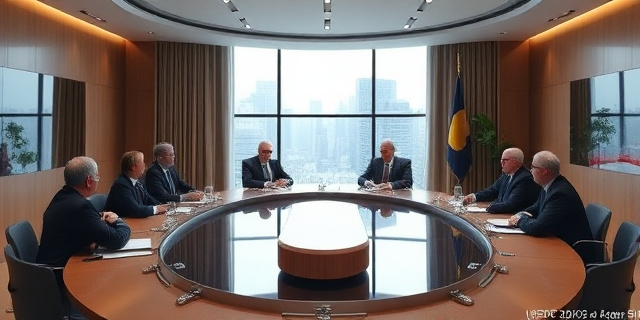 Una sala de reuniones con un gran ventanal y una mesa ovalada, donde varios políticos y comisarios europeos se reúnen para discutir el plan energético