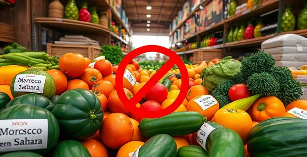 Imagen de un mercado con frutas y hortalizas de diferentes orígenes, con etiquetas de 