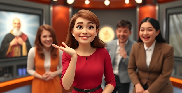 Una presentadora de televisión haciendo una mueca de burla con gesto irreverente, mientras sus compañeras ríen en un plató de televisión. En el fondo, se ve un decorado con elementos religiosos parodiados.