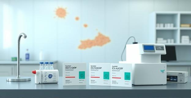 Imagen de un laboratorio con equipo de PCR y envases de test COVID en una mesa, con un mapa de Canarias al fondo