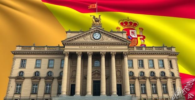 Una imagen de un edificio del gobierno español con una bandera catalana al fondo, representando la relación entre el gobierno y Cataluña.