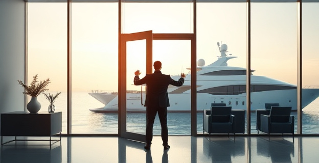 Un empresario cerrando la puerta de una oficina vacía con un yate de lujo al fondo, simbolizando el contraste entre la opulencia y el fracaso empresarial.