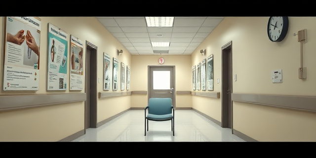 Interior de un centro de salud, pasillo con estanterías de carteles médicos, una sola silla vacía, una luz tenue y un reloj de pared con las manecillas detenidas, sin nadie en la sala de espera, sin tráfico, sin gente, sin sonido