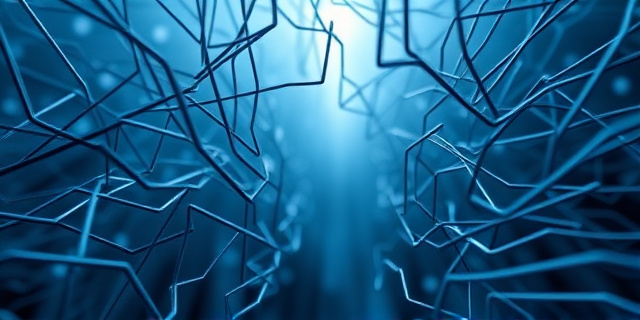 Ilustración abstracta que representa una red neuronal compleja con cables entrelazados que se asemejan a un laberinto. Colores fríos y metálicos, predominando el azul y el gris. Un punto de luz tenue en el centro, simbolizando la esperanza o la incertidumbre. El estilo debe ser futurista y ligeramente distópico, evocando la sensación de vigilancia y control.