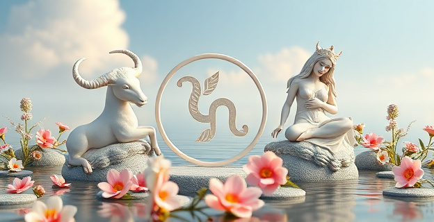 Una representación artística de los signos zodiacales Tauro, Piscis y Virgo, rodeados de elementos que simbolizan calma y serenidad, como flores, agua y paisajes tranquilos.