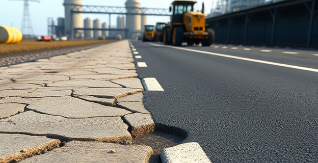 Una carretera deteriorada con grietas y baches, contrastando con un tramo recién asfaltado y suave. Al fondo, una fábrica de asfalto con maquinaria pesada en funcionamiento.