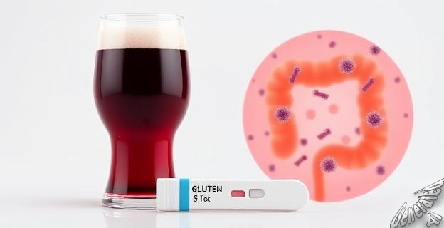 Ilustración de una cerveza turbia y un vaso de vino tinto con una tira de test de gluten al lado, y una representación microscópica de las acuaporinas y bacterias intestinales.