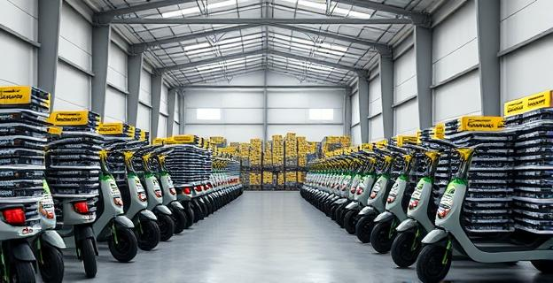 Imagen de un almacén con 150 patinetes eléctricos apilados y etiquetados con el logotipo de Correos