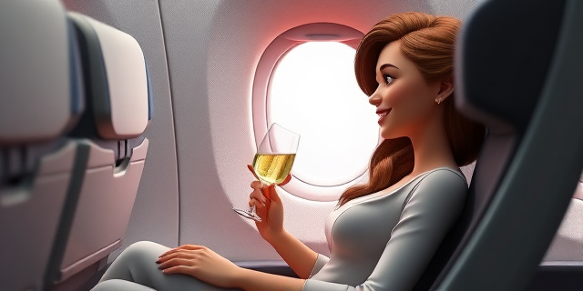 Una imagen de una mujer sentada en un asiento de avión de clase business, con una sonrisa en el rostro y un vaso de champán en la mano, mientras mira por la ventana del avión