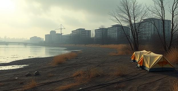 Un descampado oscuro y abandonado junto a un río en una zona urbana con un club deportivo al fondo y un campamento improvisado de tiendas de campaña en la orilla