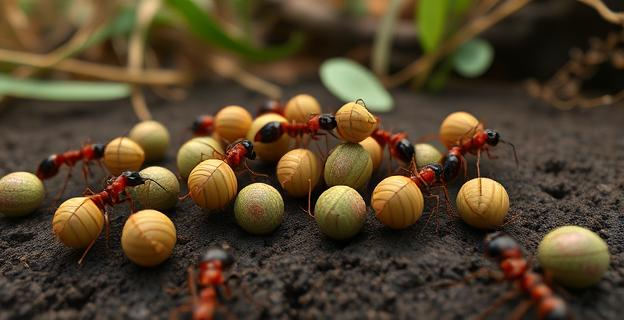Una colonia de hormigas con algunas pupas en diferentes estados de salud, algunas con capullos intactos y otras siendo tratadas por hormigas obreras que aplican ácido fórmico. En el fondo, un entorno natural con vegetación y suelo.