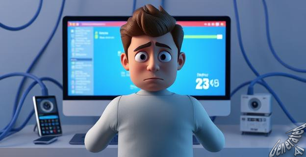 Una imagen de una persona frustrada frente a una pantalla de computadora con una conexión a Internet lenta o interrumpida, rodeada de dispositivos móviles y cables de fibra óptica.