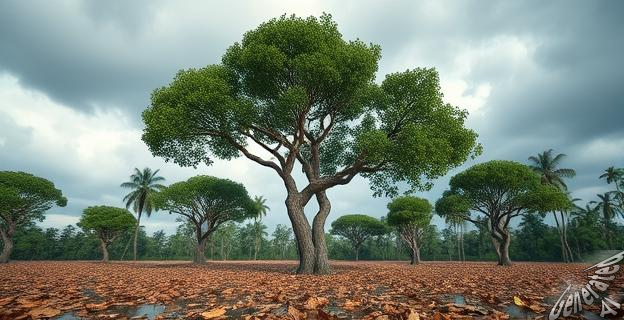 Ilustración de árboles en la Amazonia creciendo en un entorno de selva tropical con un cielo nublado y un suelo cubierto de hojas secas.