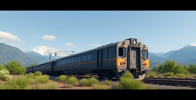 Una imagen conceptual de un tren descarrilado en un entorno natural, con un fondo de montañas y vegetación, simbolizando el impacto ambiental y la tragedia del accidente.