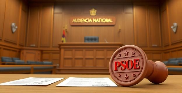 Una sala de tribunal con un juez en el estrado y un letrero con el nombre 