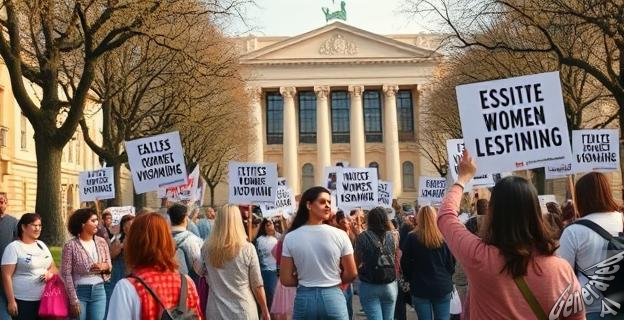 Una imagen de una manifestación feminista en Aranjuez con pancartas y personas portando mensajes de apoyo a los derechos de las mujeres, al fondo el Centro Cultural Isabel de Farnesio.