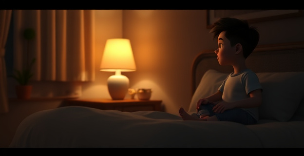 Una habitación en penumbra con un niño pequeño sentado en la cama, hablando con un adulto que lo escucha atentamente. La estancia está en un ambiente cálido y acogedor, con una mesita de noche y una lámpara suave que ilumina la escena. El niño tiene una expresión de confianza y el adulto muestra una actitud de escucha activa.