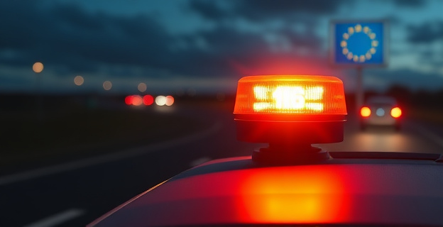 Una escena que muestra un vehículo con una baliza luminosa V16 encendida en una carretera oscura, con un fondo de luces de otros vehículos y un letrero de la Unión Europea en el cielo