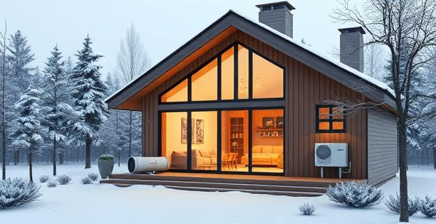 Imagen de una casa nórdica con bomba de calor instalada, mostrando un interior cálido y acogedor en medio de un paisaje invernal frío.