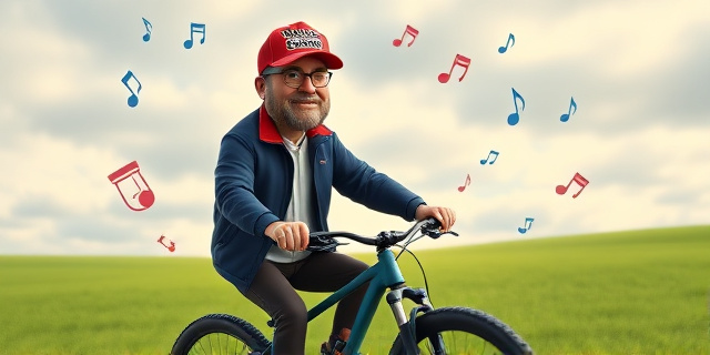 Un político masculino de mediana edad con barba corta, vistiendo una chaqueta azul y una gorra roja con el diseño ‘Make Science Great Again’; está montando una bicicleta de montaña en un prado verde bajo un cielo nublado. Alrededor de él flotan notas musicales y símbolos de ciencia como tubos de ensayo y ecuaciones químicas, todo con un estilo caricaturesco y colorido, sin rostros reales ni texto visible.