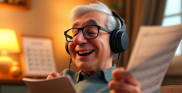 Imagen de una persona anciana escuchando música con auriculares y sonriendo, con una partitura en el fondo y una habitación iluminada con luz cálida