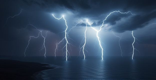 Imagen de una tormenta eléctrica con numerosos rayos cayendo sobre una región costera con mar en calma relativa y cielo oscuro