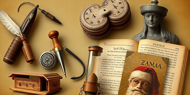 Collage surrealista de objetos cotidianos antiguos: un juguete de madera sueco, una pluma de escribir antigua, una estatua romana con la nariz rota, un reloj de arena, una página de un libro ilustrado con un Santa Claus de estilo retro. Tonos sepia y ocres, textura de papel envejecido.