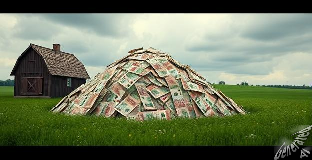 Un agricultor danés encuentra una montaña de billetes daneses en su finca, rodeado de campos verdes y un cielo nublado.