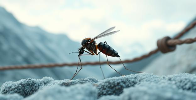 Imagen de un mosquito en un entorno frío y montañoso con una cuerda empapada de vino para atrapar insectos al fondo