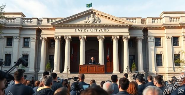 Un edificio oficial del gobierno con una fachada institucional y solemne. Al frente, una multitud de periodistas y cámaras de televisión. En el interior, un juez y varios abogados discutiendo en una sala de justicia.