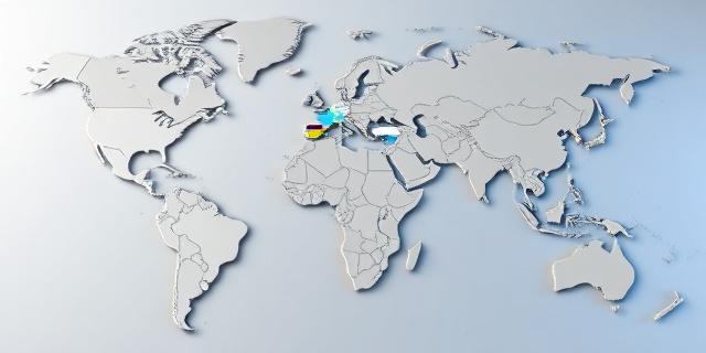 Un mapa del mundo con varios países resaltados, incluyendo Estados Unidos, Irán, Ucrania y Francia, con un fondo de tonos grises y azules que representan la tensión y la incertidumbre