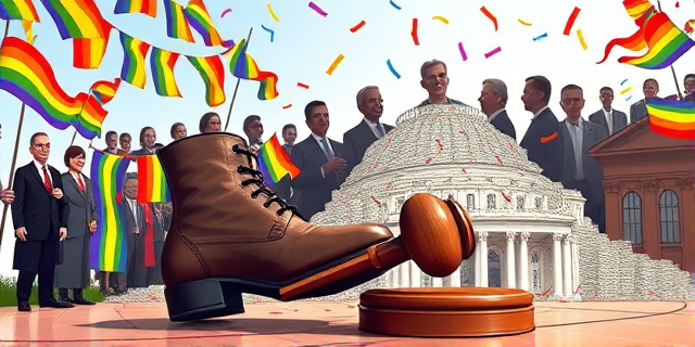 Una ilustración conceptual al estilo caricatura editorial política. Un desfile festivo y colorido con banderas del arcoíris, donde en primer plano se ve un zapato de lujo pisando un mazo de juez de madera. Al fondo, siluetas de figuras políticas sonrientes ignorando una montaña de expedientes judiciales que se acumulan como si fueran confeti.