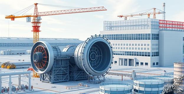 Ilustración de un acelerador de partículas en construcción, con un gran edificio científico-tecnológico al fondo, en un área industrial.