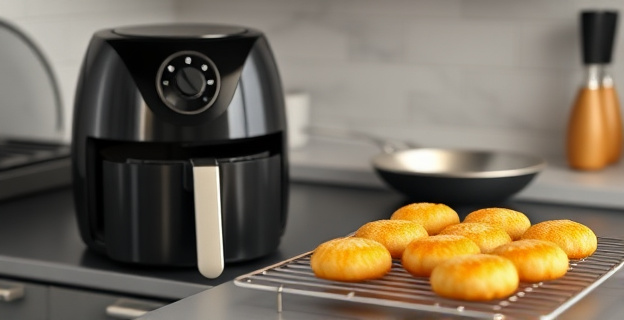 Una cocina con diferentes utensilios de cocina modernos como una freidora de aire y una sartén antiadherente, con croquetas recién hechas en una rejilla.