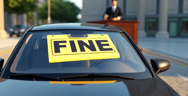 Imagen de un coche aparcado en una calle con una multa en el parabrisas, con un juez en el fondo sosteniendo un martillo