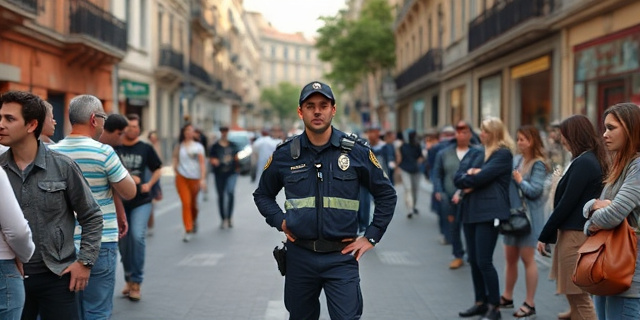 Una calle de Madrid con un agente de policía en el centro, rodeado de personas que miran con preocupación