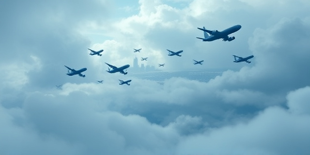 Una composición abstracta que representa el flujo de personas a través de cielos nublados, utilizando tonos azules y grises. Siluetas estilizadas de aviones convergen hacia una silueta difuminada de una ciudad costera. La imagen evoca la idea de movimiento masivo y la complejidad de las rutas migratorias. Estilo pictórico, con pinceladas sueltas y texturas que sugieren incertidumbre y dinamismo.