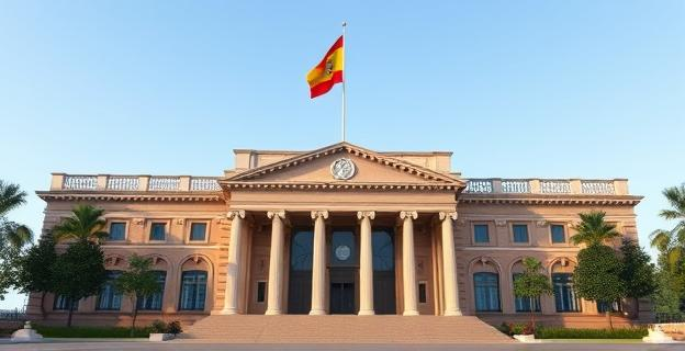 Edificio institucional con bandera española ondeando a media asta, con un sello oficial en primer plano y un ambiente de solemnidad en el entorno