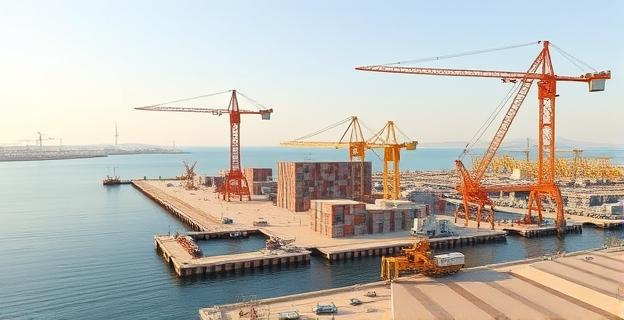 Una imagen de un puerto industrial en construcción en Kenitra, Marruecos, con grúas y maquinaria pesada trabajando en el muelle.