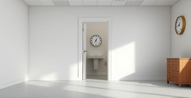 Oficina vacía con un baño al fondo, con la puerta cerrada y un reloj en la pared marcando el tiempo