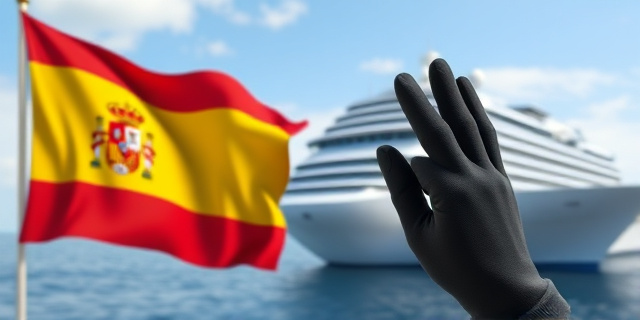 Una imagen de una persona con mascarilla y guantes, con un fondo de un barco de crucero y una bandera española