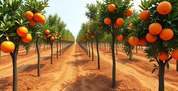 Un campo de naranjos en España con agricultores arrancando árboles, mientras al fondo se ve un contenedor de importación con la bandera de Sudáfrica o Marruecos